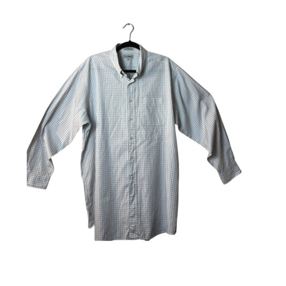 LL Bean Mens Button Down Shirt 17.5/34 White Blue Check Single Needle Tailoring - Picture 2 of 6